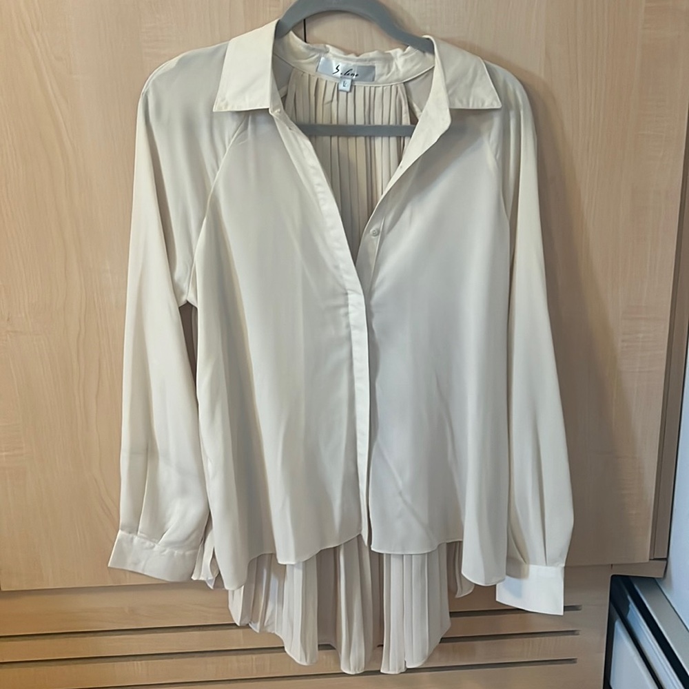 Button- down, Beige top. High-low back, pleated back with cut outs